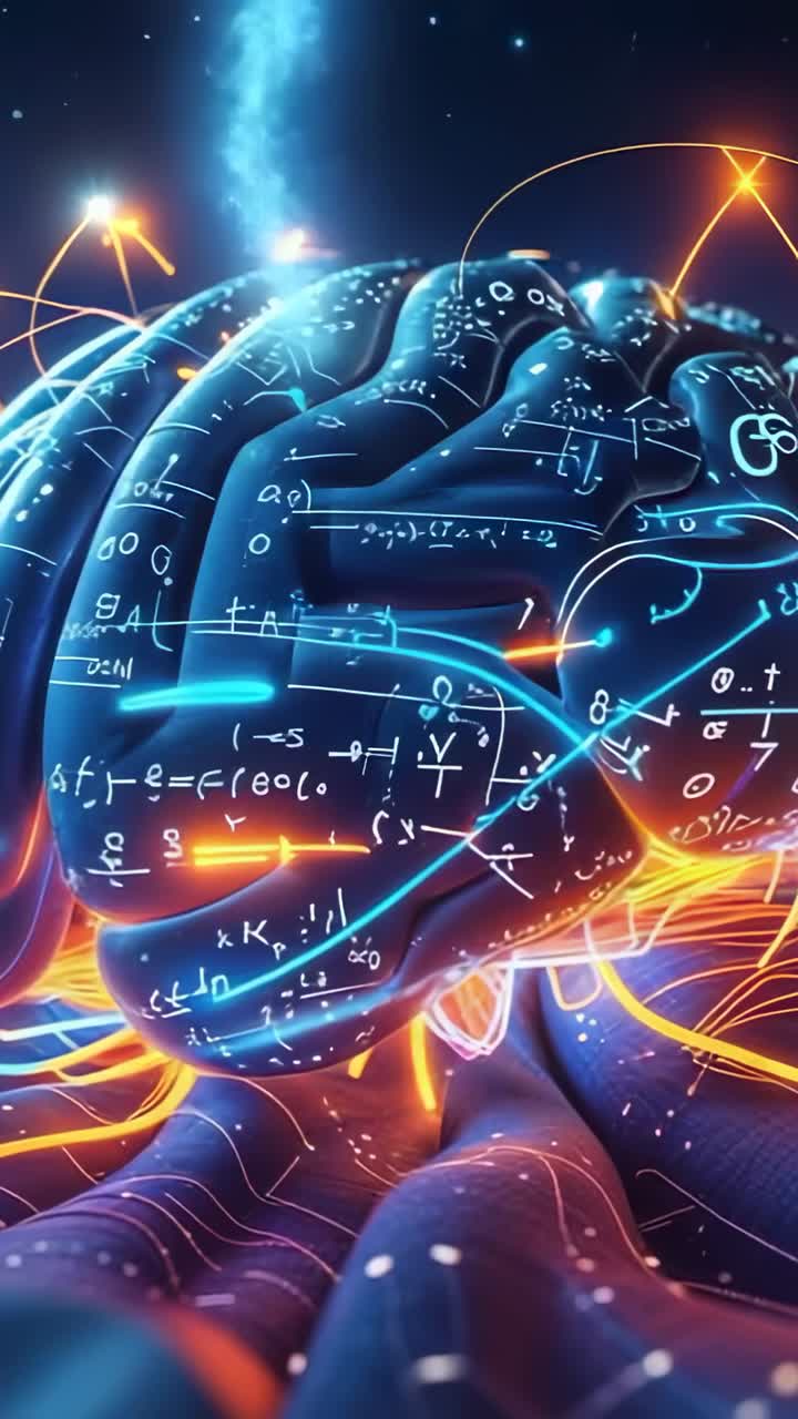 Vertical video: Receiving energy beam, brain network pulsing light on grid platform, with formulas