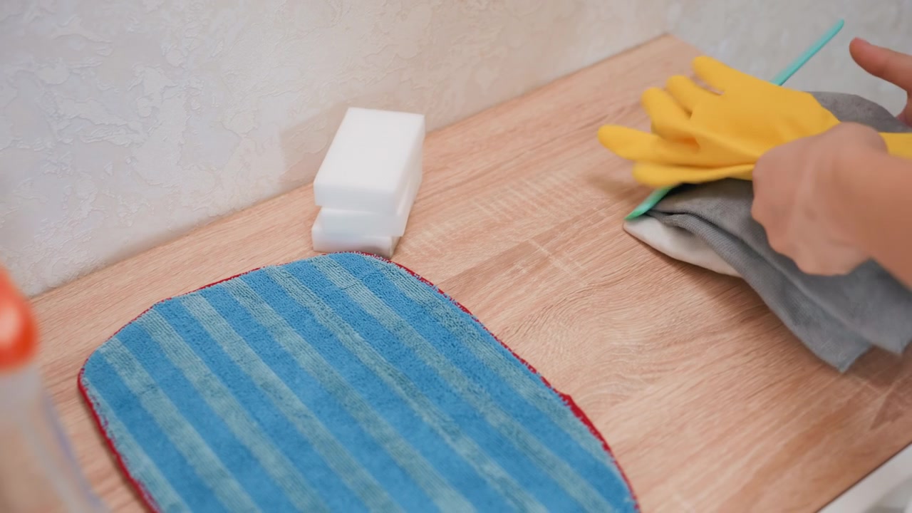 Squeegee and folded cloth on counter. White janitor guides squeegee over folded microfiber, mists light spray, inspects wood surface and completes final wipe, leaves spotless finish, serene household