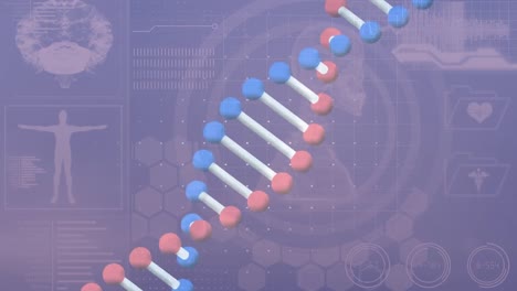 Animation-of-dna-and-diverse-data-over-violet-background
