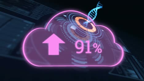 Animation-of-cloud-with-growing-number-over-dna-strand-and-scope-scanning