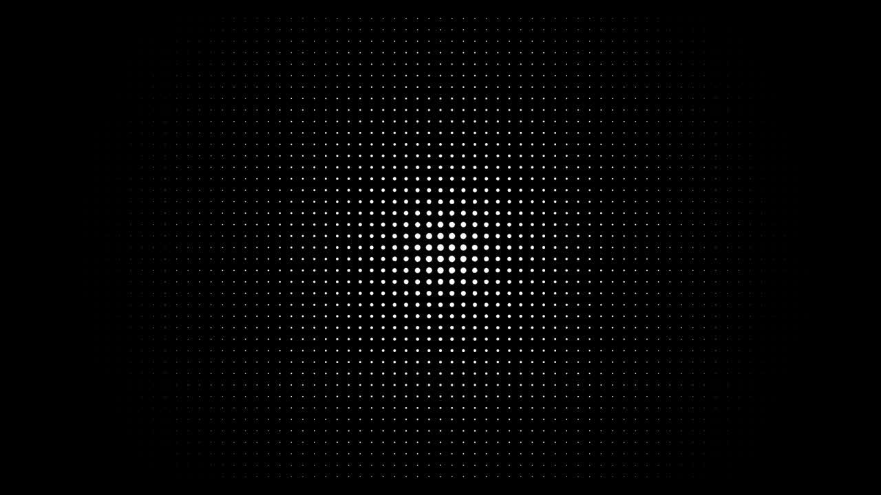 White polka dots against black background. Concentric growing circles seamless loop transition