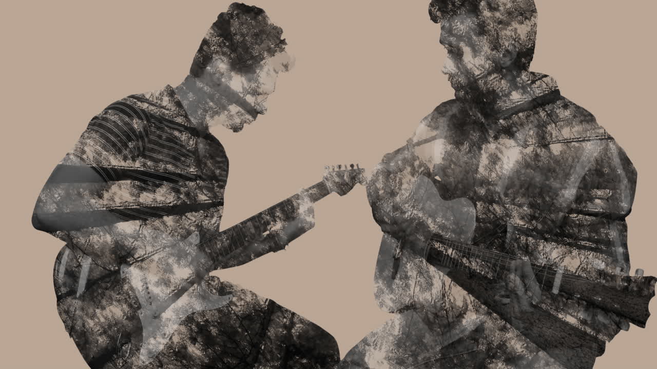 검은색과  ⁇ 색으로 기타를 연주하는 백인 남성 위에 회전하는 나무 꼭대기의 애니메이션