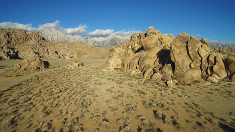 A high aerial sunset shot over the Alabama Hills outside Lone Pine California with Mt Whitney and Sierras background 3