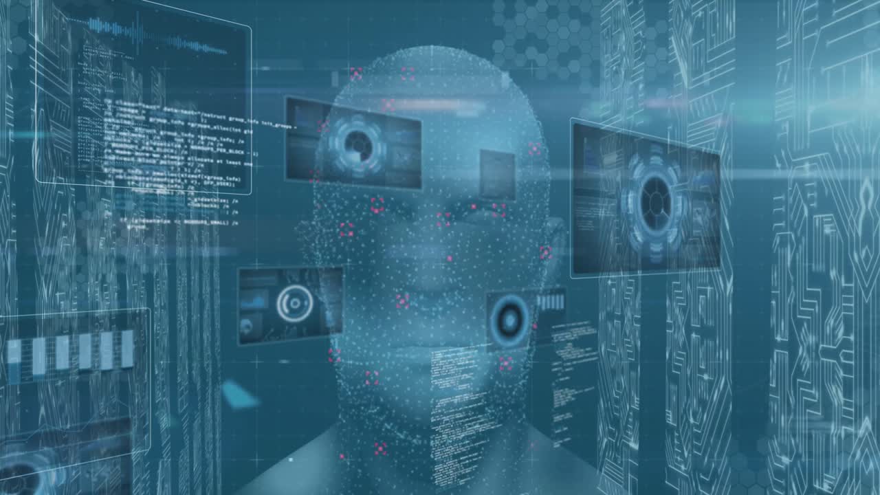 animazione dell'elaborazione dei dati su schermi digitali blu, server e modello di testa umana