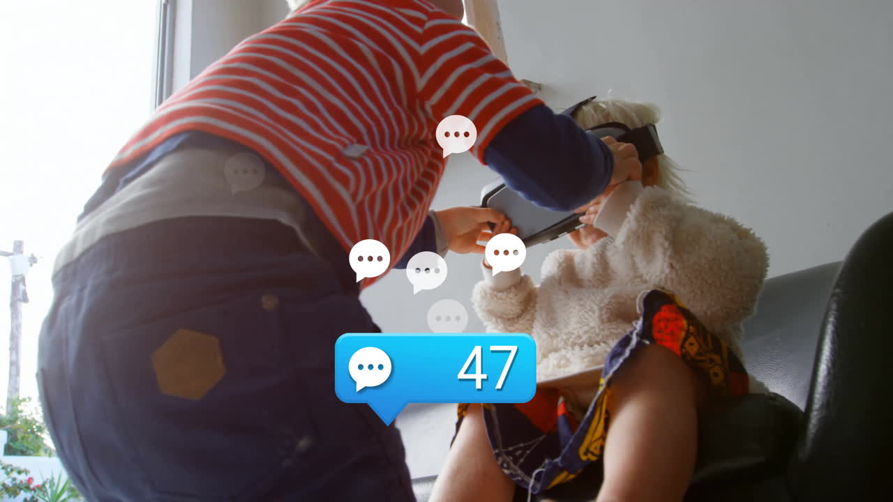 아이들이 가상 현실 헤드으로 놀고 있는 채팅 메시지 애니메이션