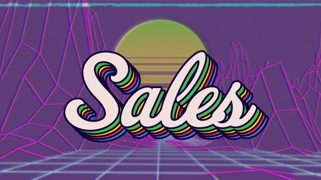 Animating sales text over retro-futuristic grid with sunset background