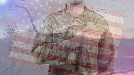 animation of soldier with hand on heart over american flag