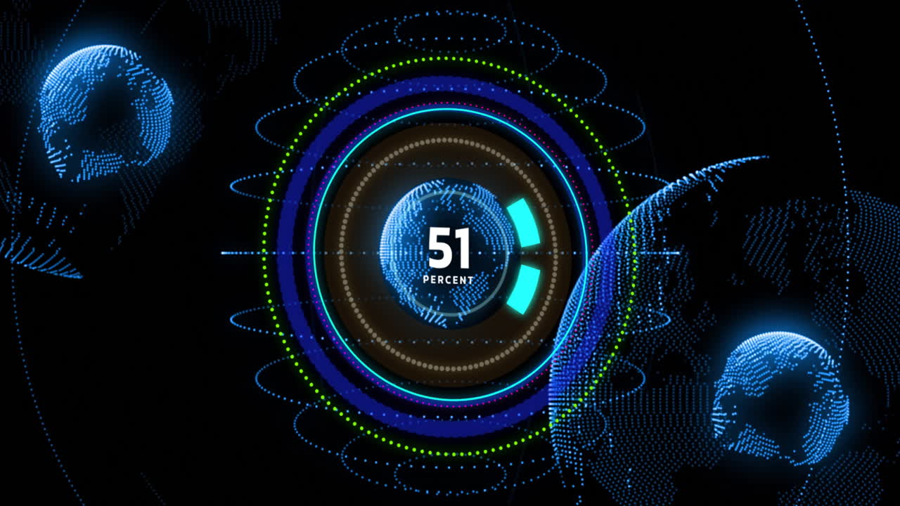 Animazione di percentuale in crescita ed elaborazione digitale dei dati su connessioni e globo