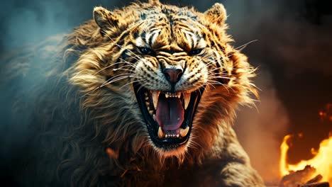 fierce tiger roaring amidst flames in a dramatic setting