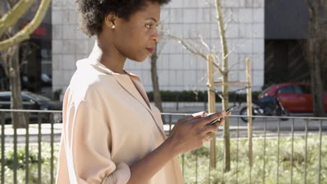 vista lateral de una mujer afroamericana enviando mensajes de texto en un teléfono inteligente
