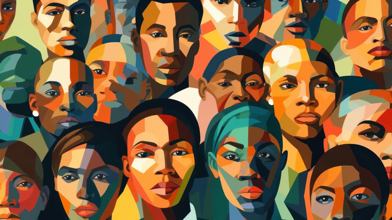 Vibrant, abstract portrait collage with diverse faces. Overhead angle creates a dynamic, colorful