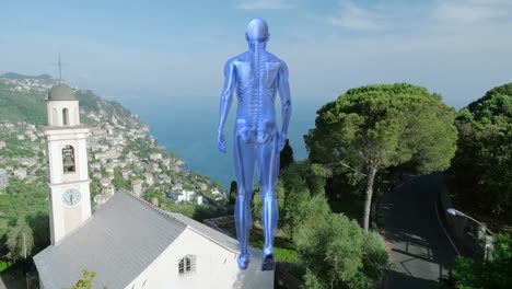 animation of blue human icon walking over landscape