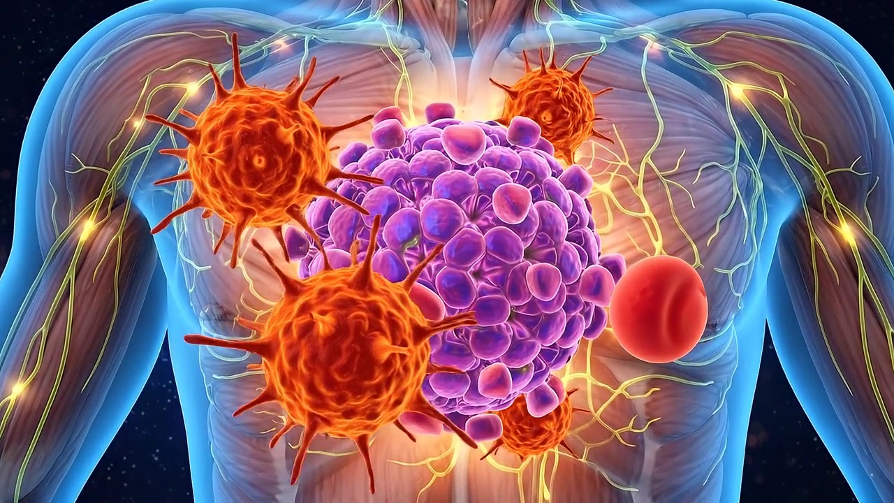Visualizzazione della parte superiore del corpo umano con virus luminosi che attaccano gli organi interni