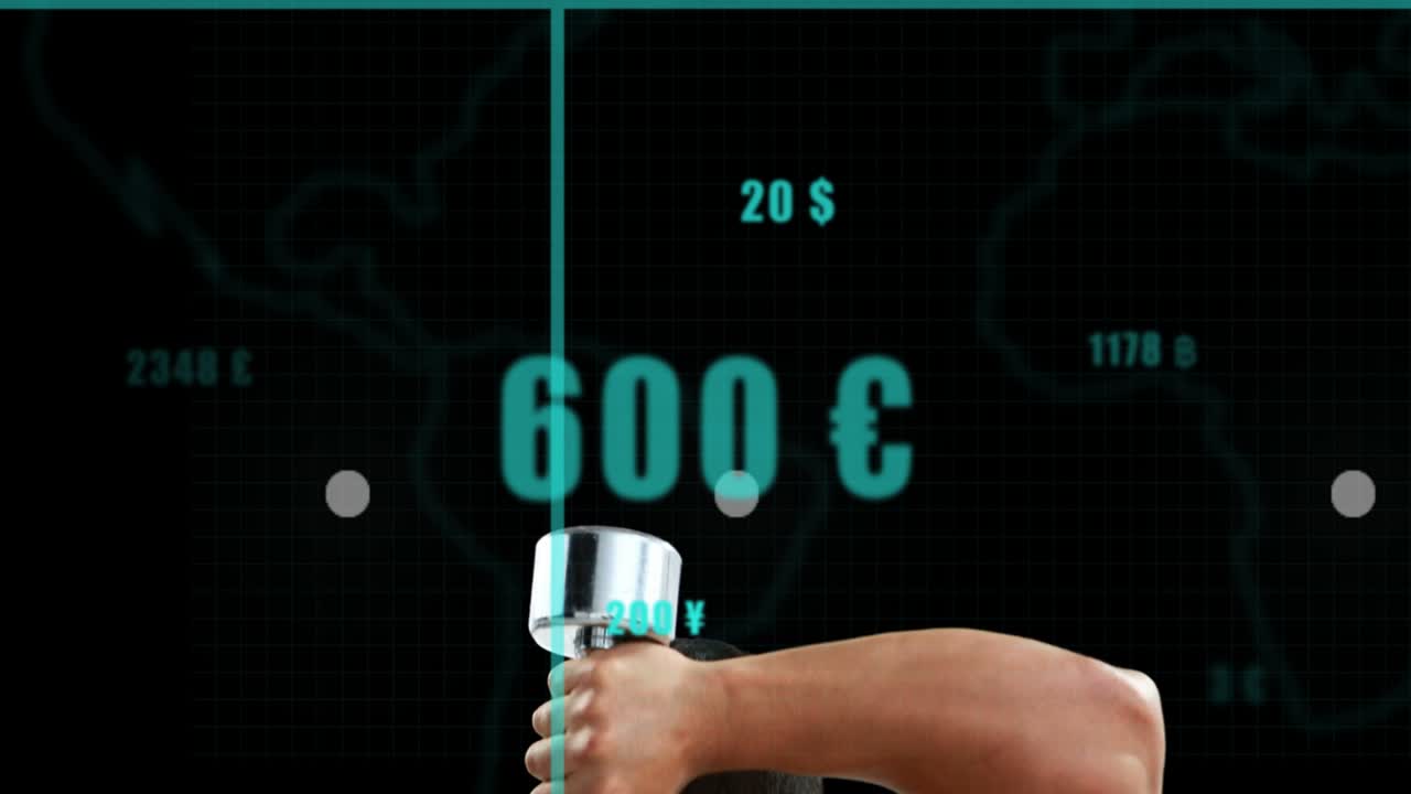 Man starting rep lowering dumbbell, pressing up with finance charts overlaying, tracking gains