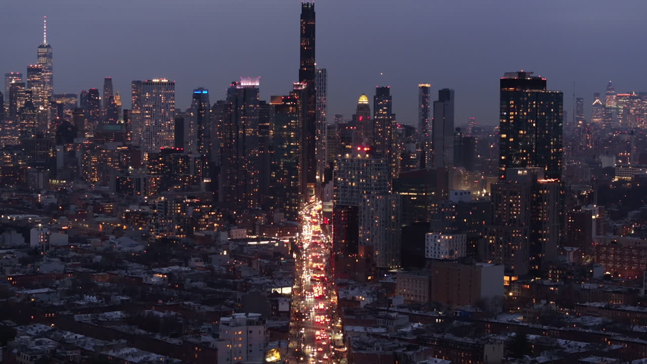 Aerial view of Downtown Brooklyn at night. Shot in New York City