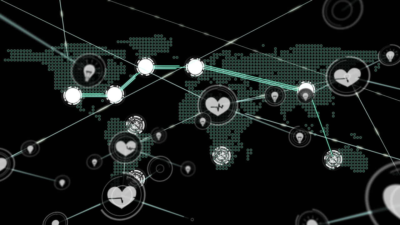 Animation of network of connections with icons over world map on black
