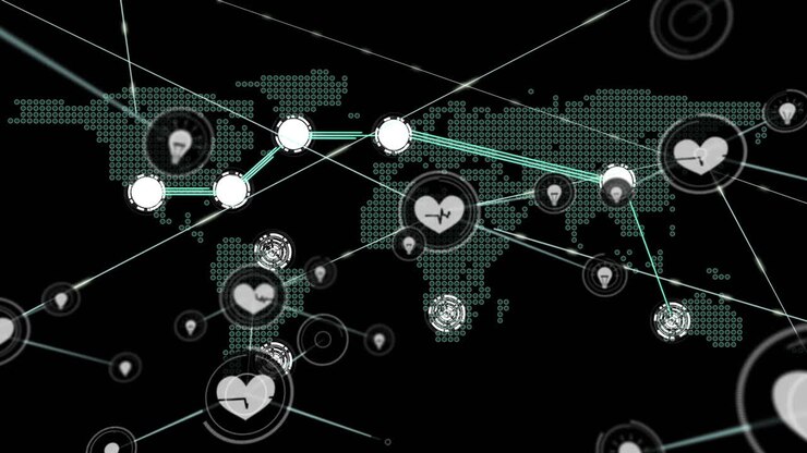 Animation of network of connections with icons over world map on black
