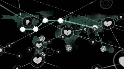 animation of network of connections with icons over world map on black