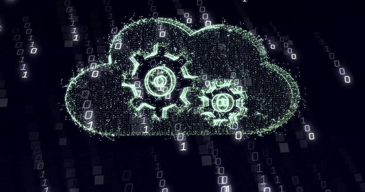 Binary digits coalescing into geared cloud flickering and dissolving demonstrating cloud computing