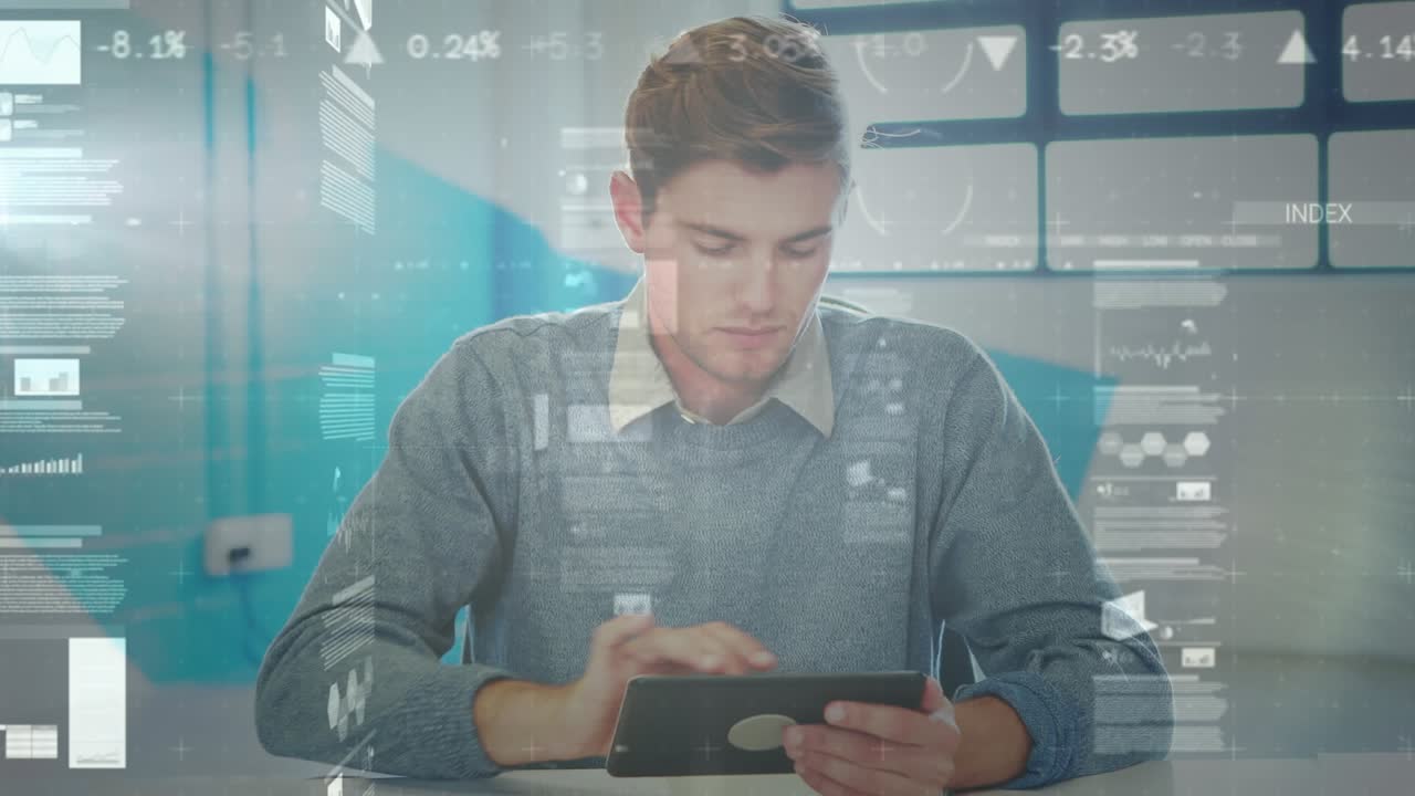 Animation of financial graphs and data over caucasian man working in office