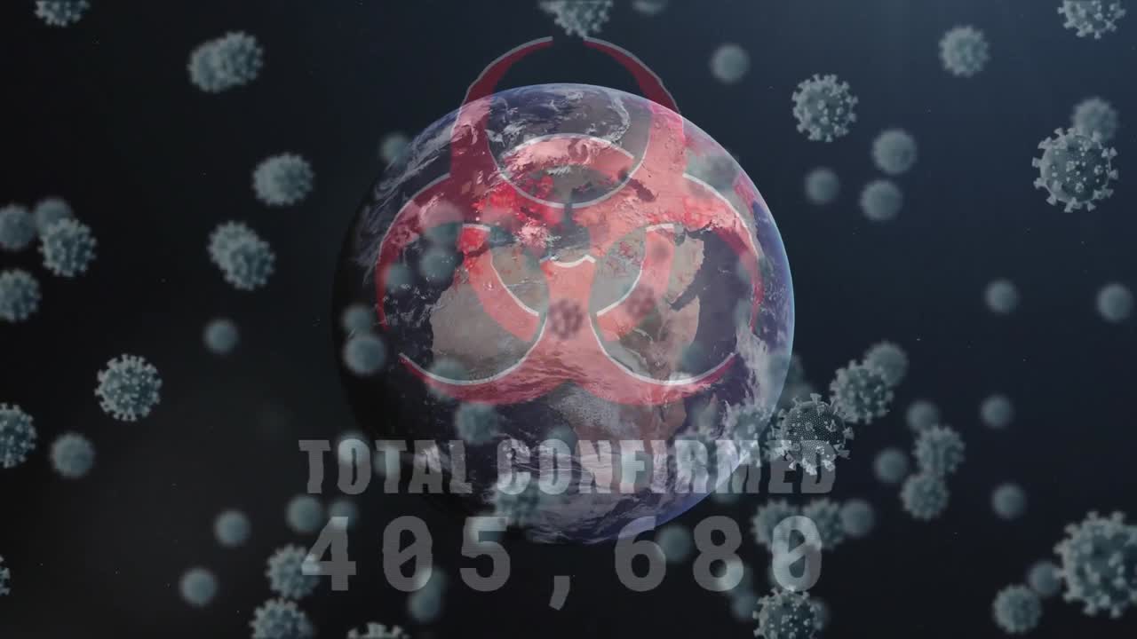 빨간색 위험 표지판의 애니메이션으로 확인된 총 수가 회전하는 지구 위에서 상승합니다.