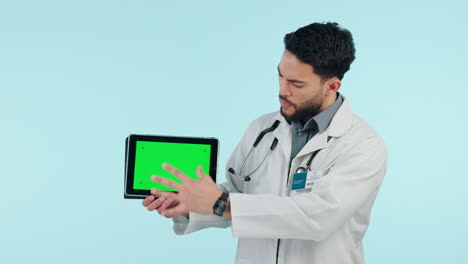 Arzt,-Tablet-Greenscreen-Und-Präsentation
