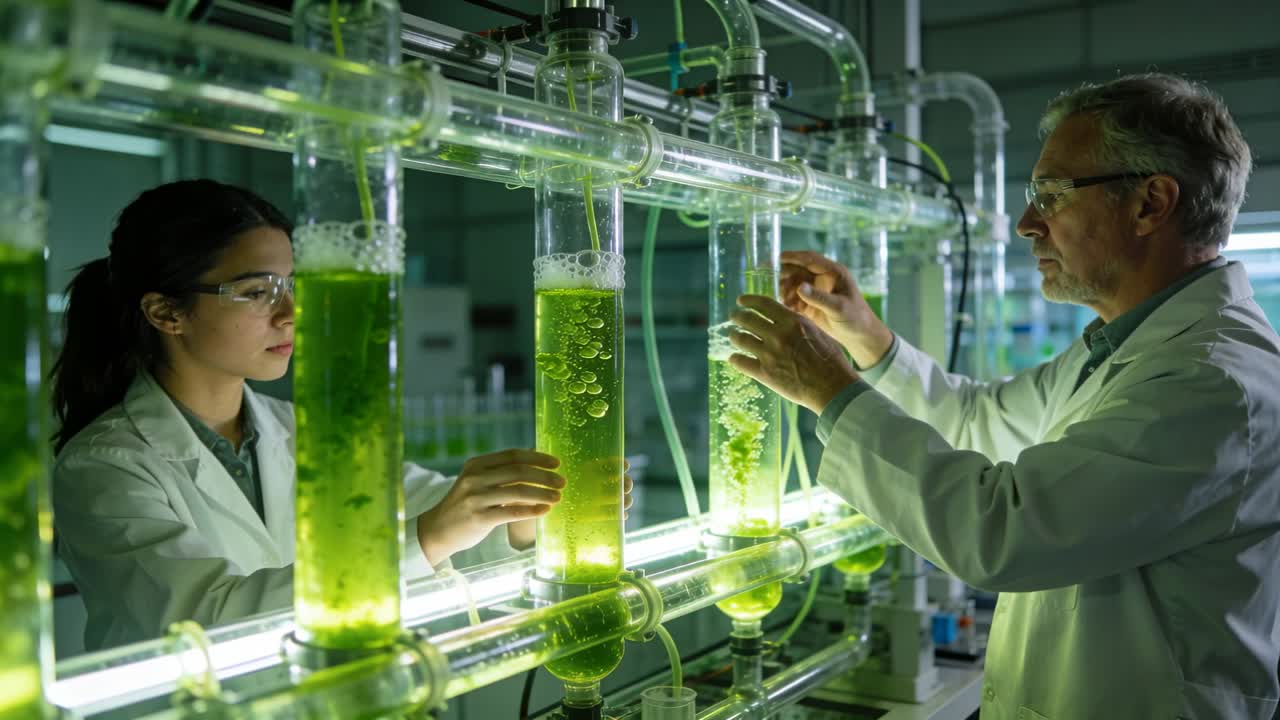 Noticing bubbling, woman and man in lab coats adjusting valves on columns in lab, checking culture
