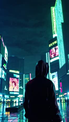 a person in a futuristic city at night