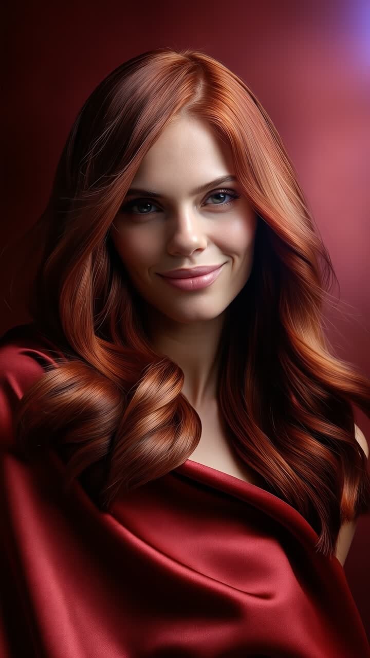 Primo piano di una bella donna con lunghi capelli rossi ondulati su sfondo di seta rossa.