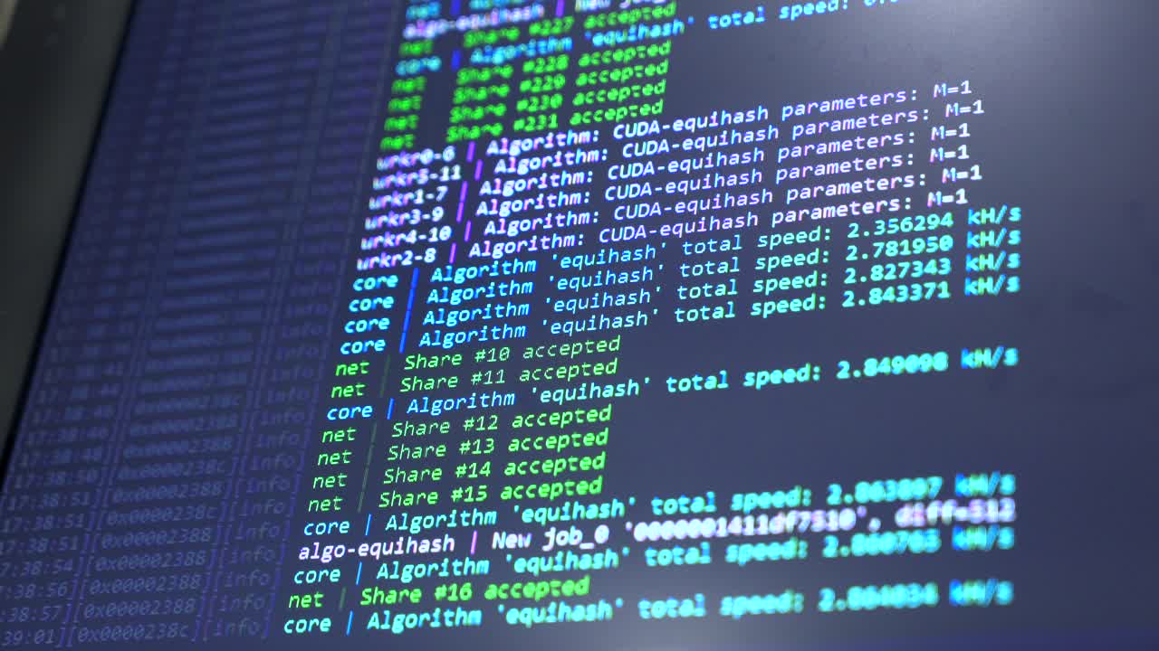 Concept of mining bitcoins. Crypto farm. Flow of information strings and data. Binary code