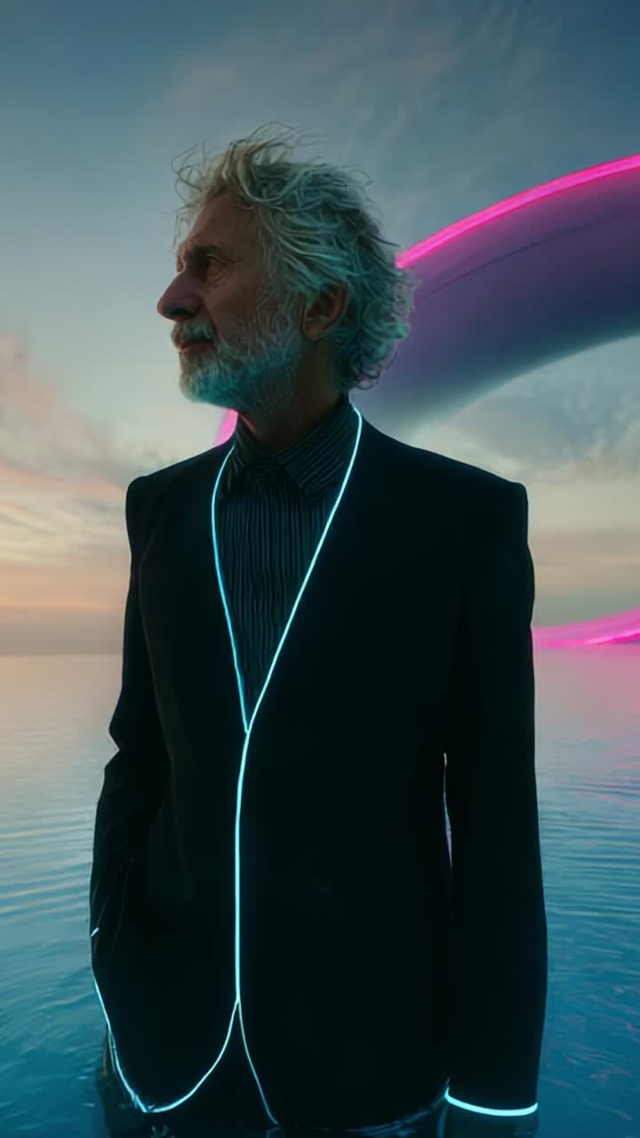 A contemplative figure stands against a surreal backdrop of reflective water and vibrant neon arches, embodying a fusion of elegance, technology, and nature