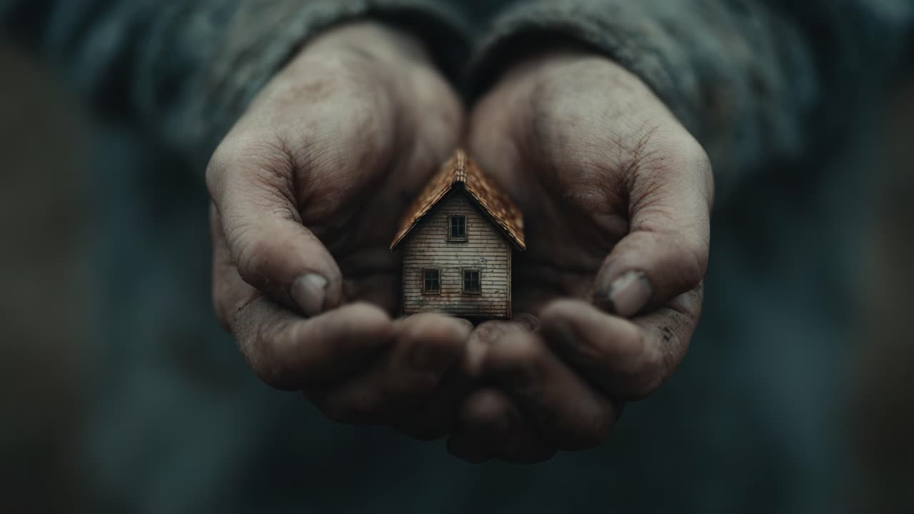 Un tenero abbraccio: catturare l'essenza della protezione e della cura attraverso l'immagine di una piccola casa tenuta in mani segnate dal tempo in un ambiente difficile