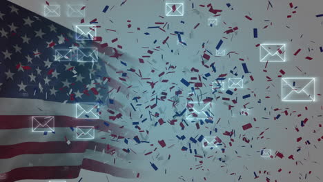confetti and envelopes over american flag.