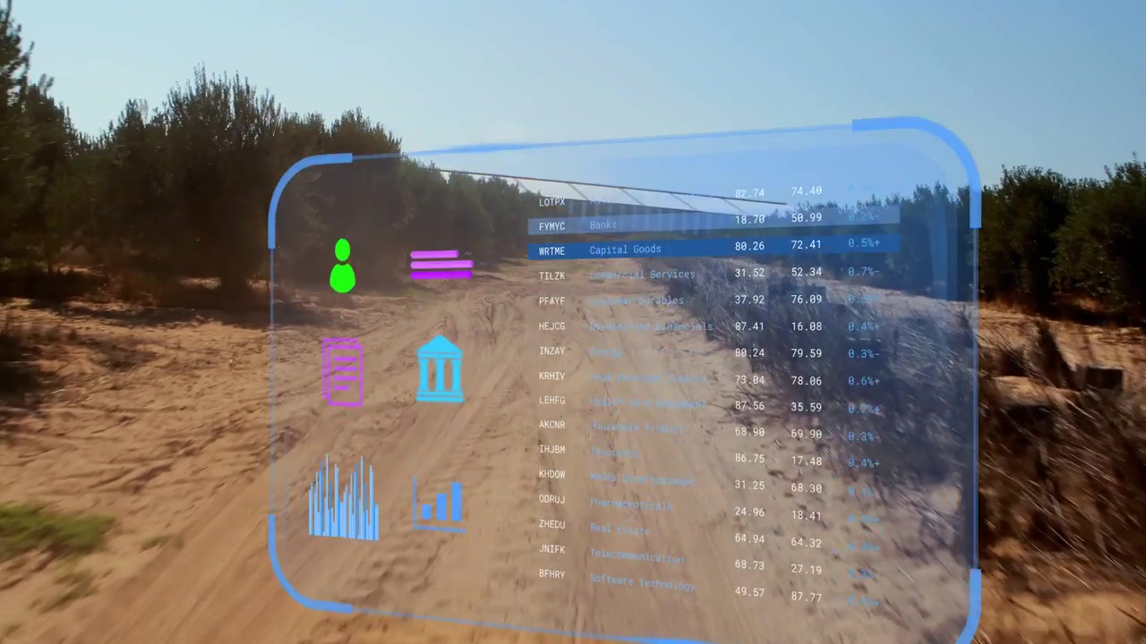 HUD emerging from lower view, populating charts over sandy dirt track, showing farm analytics