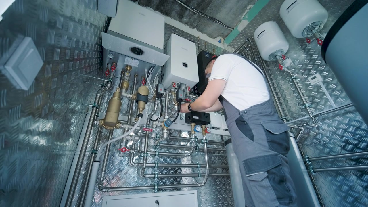 Professional Technician Installing Heating System in Utility Room