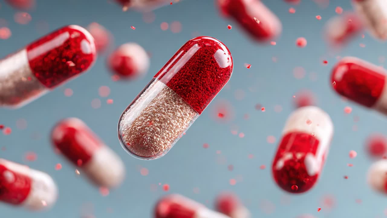 A Stunning Close-Up of Floating Red and White Capsules, Capturing the Intricate Details and Texture of Each Pill Against a Soft Blue Background
