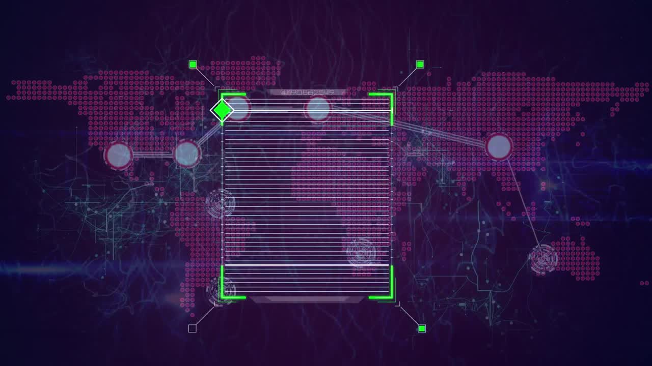 animación del alcance del escaneo sobre el mapa del mundo con una red de conexiones, sobre un fondo oscuro