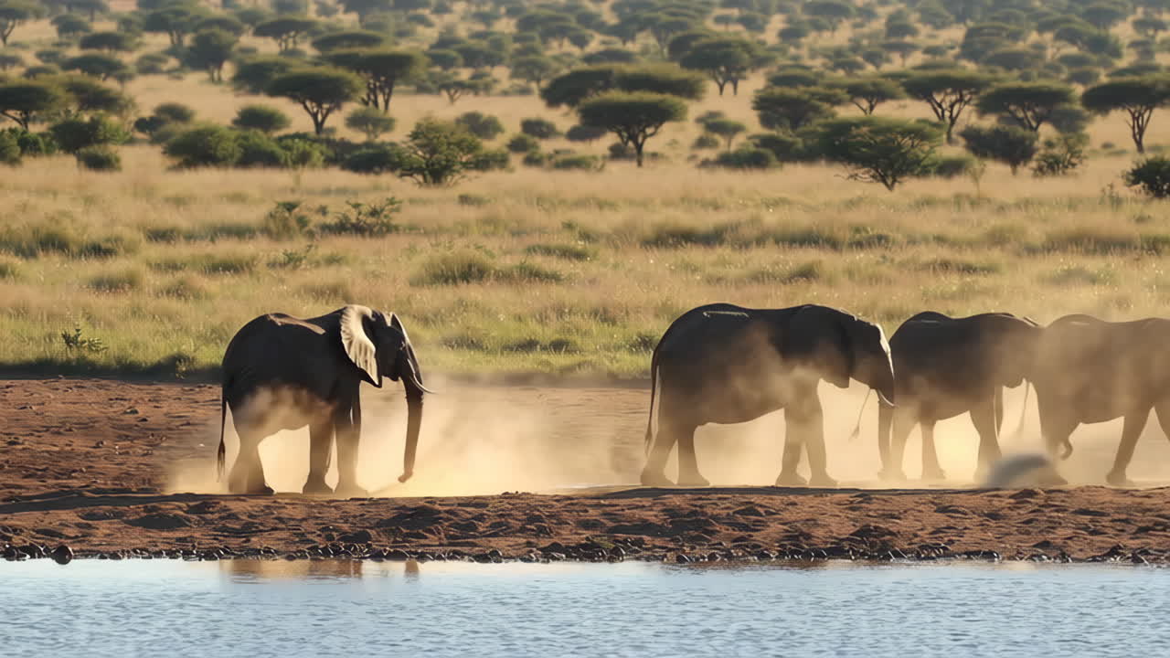 Elephants Dusting at a Waterhole in the African Savanna