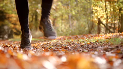 close up of man running through autumn landscape