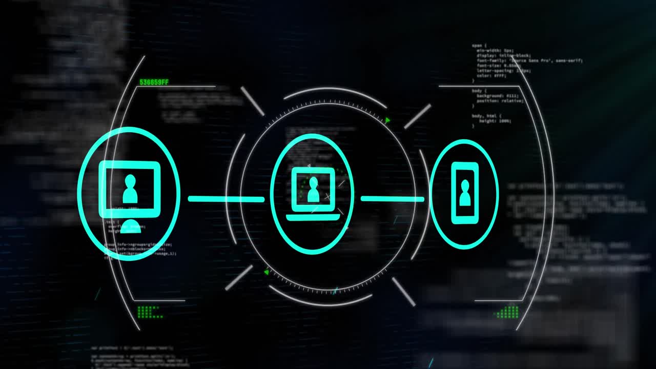 Animation of flowchart of icons and circles over computer language against black background
