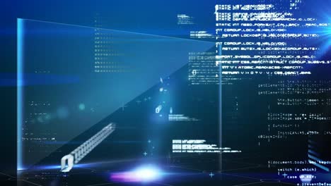 procesamiento de datos contra puntos de luz y rastros de luz que caen contra un fondo azul