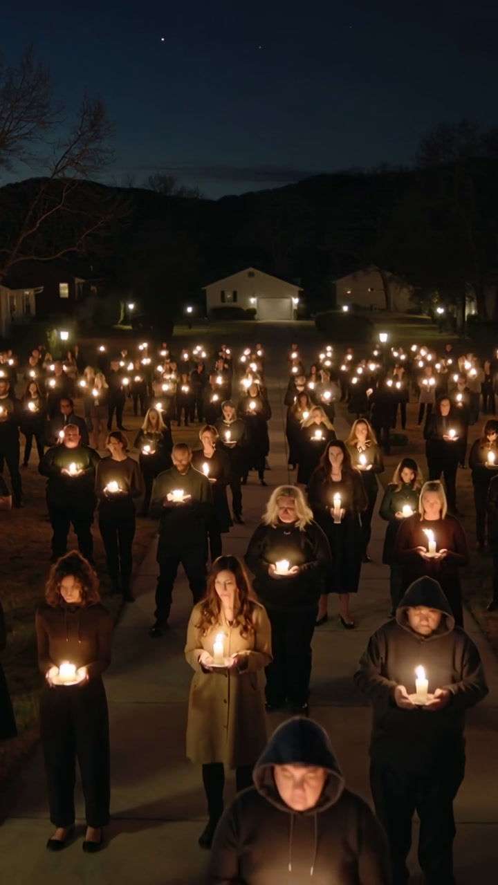 Vertical video: Standing crowd holding candles on driveway, camera lowering, honoring lives