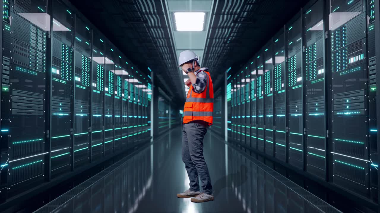 Full Body Side View Of Asian Male Engineer With Safety Helmet Screaming Goal Celebrating Working in Server Room Data Center