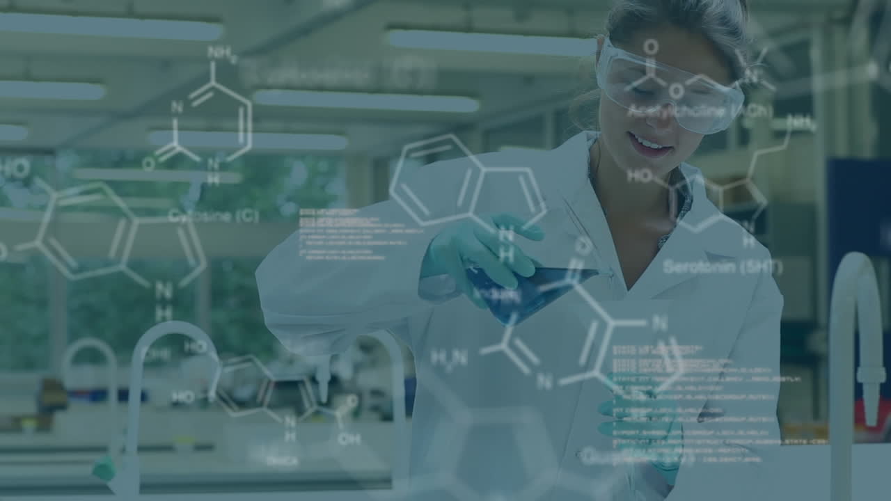 Animation of data processing and chemical formula over caucasian female scientist in lab