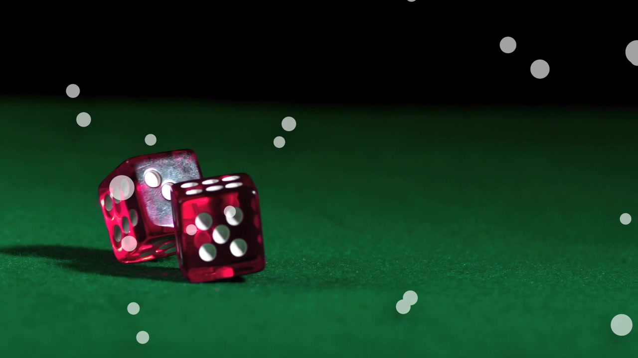 Left bounce sending red die on green felt hitting die tumbling showing translucency and white pips