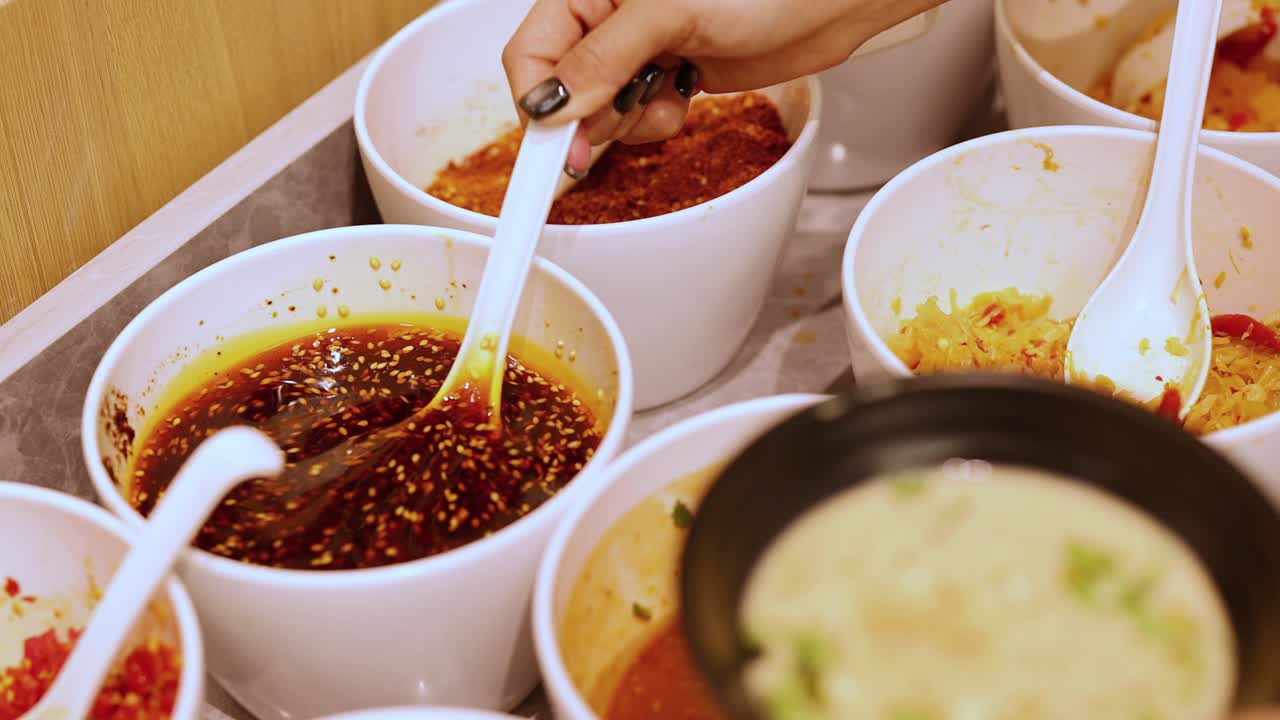Person scoops spicy chili oil from condiment bar into bowl under warm indoor lighting, close-up