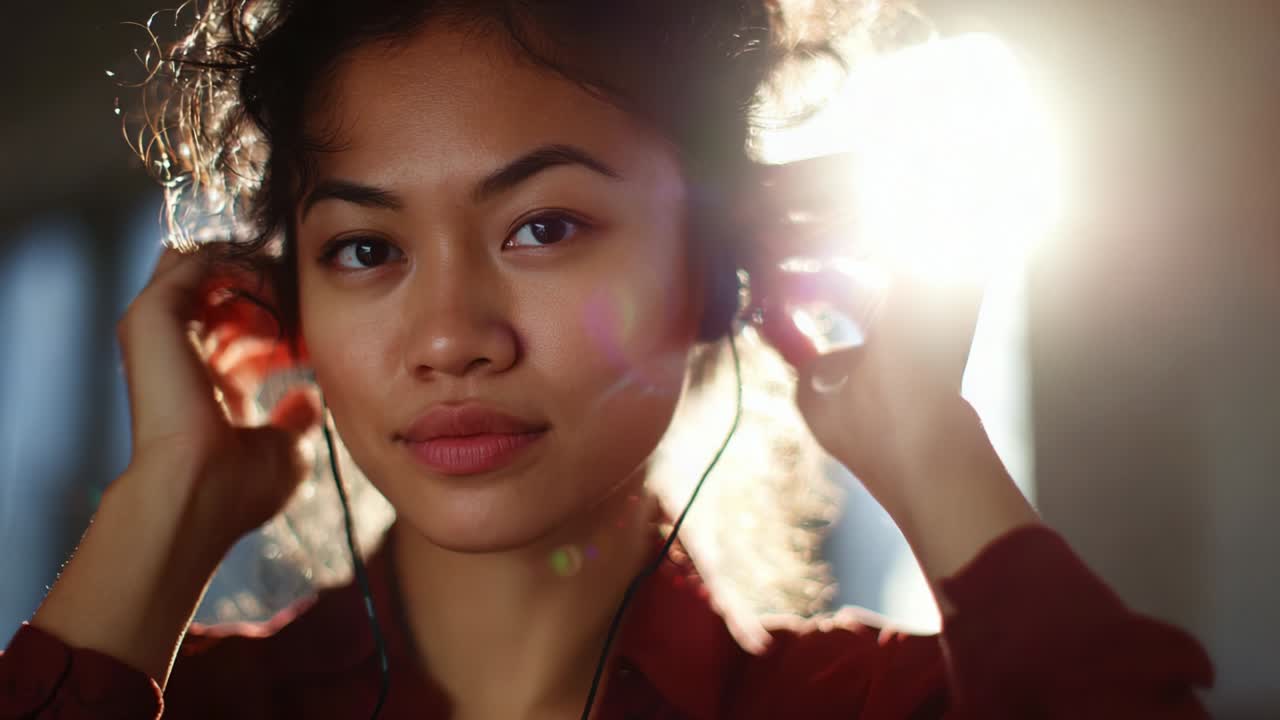 A young woman wearing headphones enjoys music, captured in two frames showing her focused expression and relaxed demeanor. The backlighting enhances the mood, highlighting her features and joyful experience