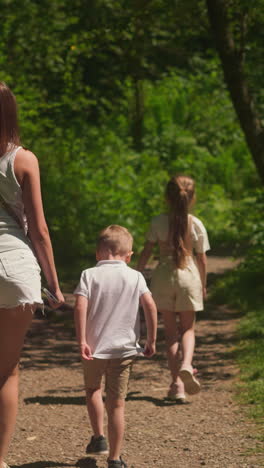 mother and couple of children walk in green park backside view. family rests in nature moving along path surrounded by tall trees and bushes slow motion. rest in reserve