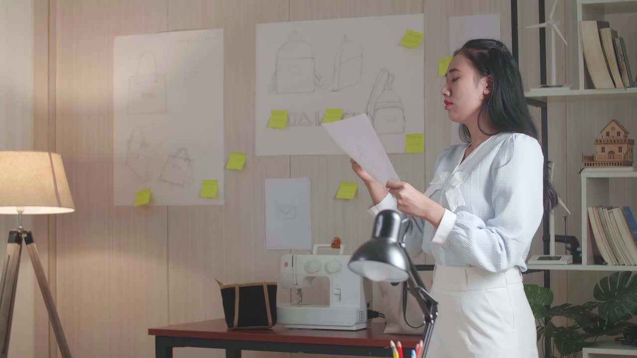 Asian Woman Designer Thinking While Looking At The Layout Bond And Walking In The Office