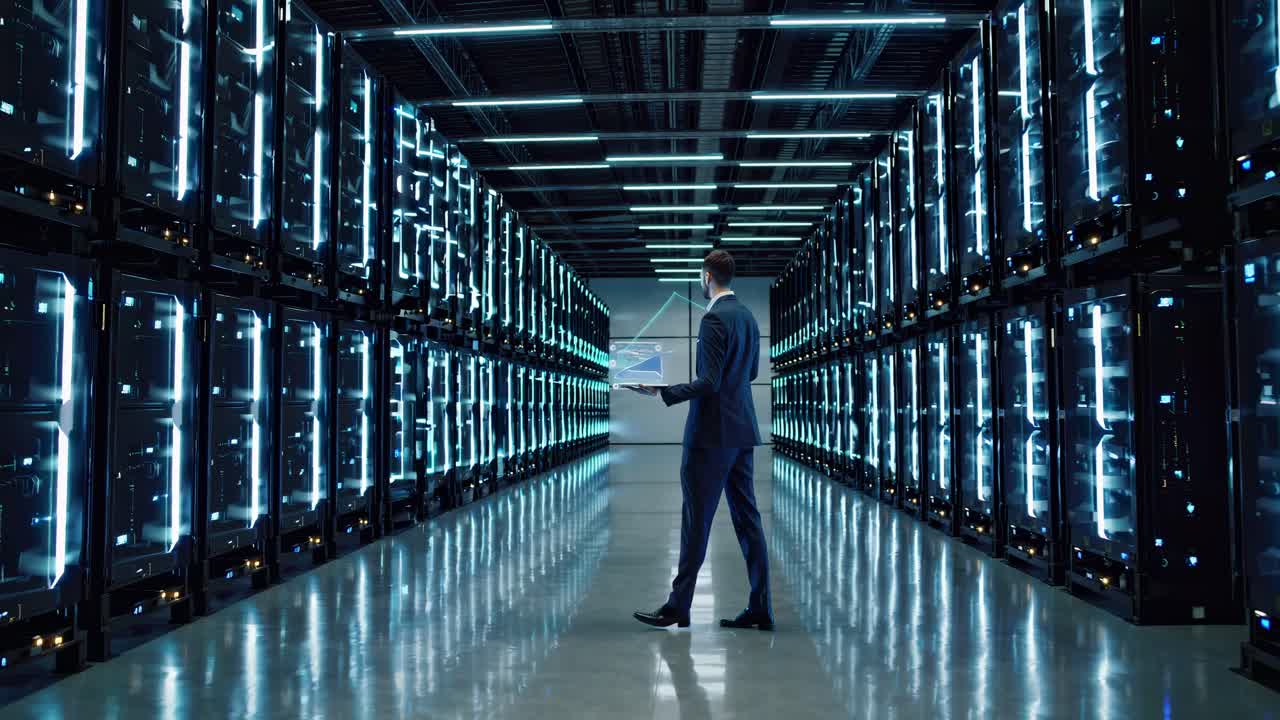 Uomo d'affari con realtà aumentata in un data center